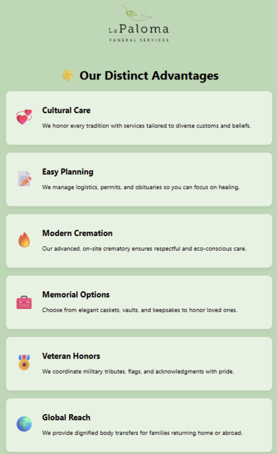 La Paloma Funeral Services Distinct Advantages